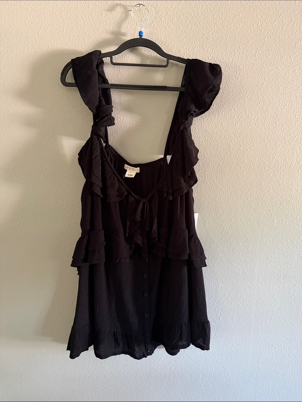 Black Ruffled Sleeveless Button-Front Top
